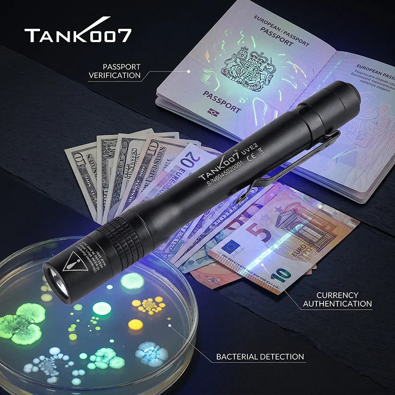 Tank007 UVE2 365nm UV Flash Light IP68 Portable Money Fluorescent Detection Linterna Bacterial Testing Blacklight Torchlight