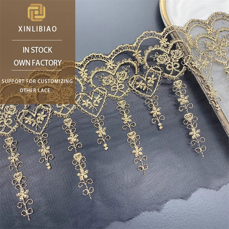 Gold Netting Lace Trim Embroidered Lolita Cuff Sewing Accessory Water Soluble Polyester Heart Organza for Clothing Home Decor
