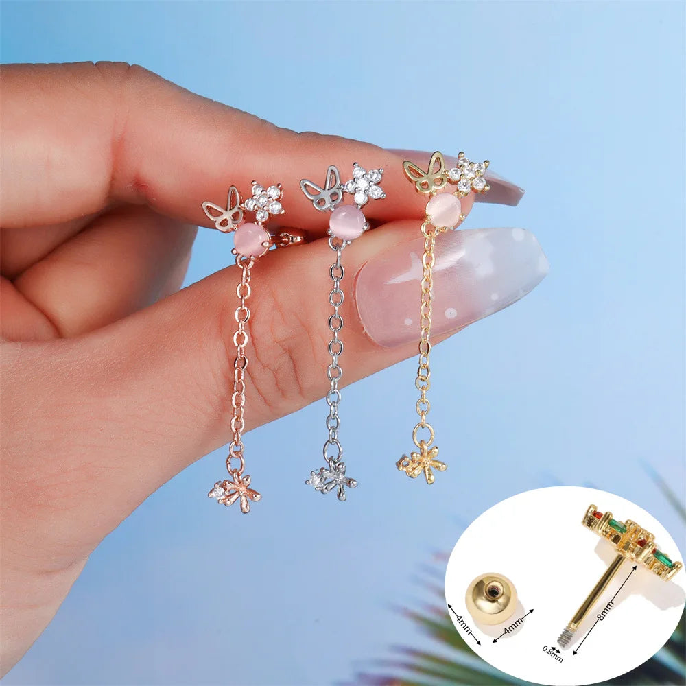 NEW 18K Gold Plated Star Moon Opal Studs Earrings Small Cartilage Gemstone CZ Long Chain Dangling Earring for Women Girl