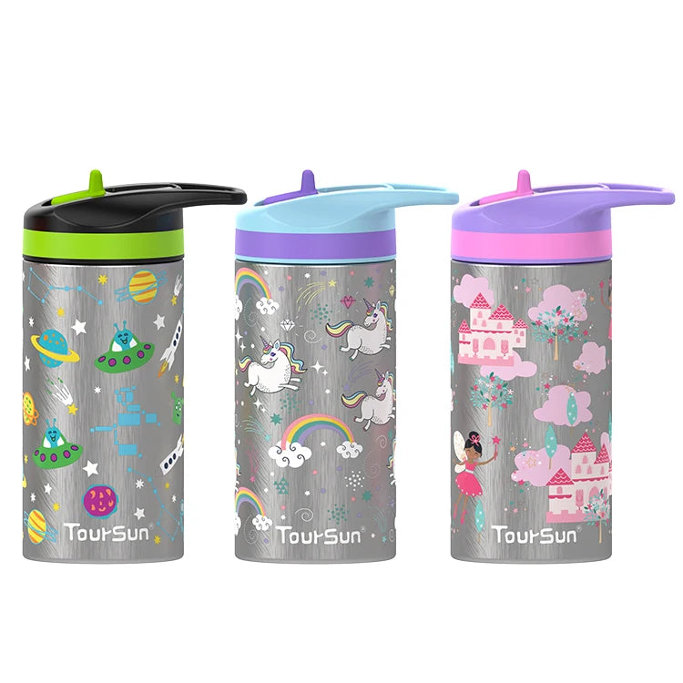 Eco-Friendly Reusable Straw Lid 320ml Kids Insulated Vacuum Stainless Steel Water Bottle