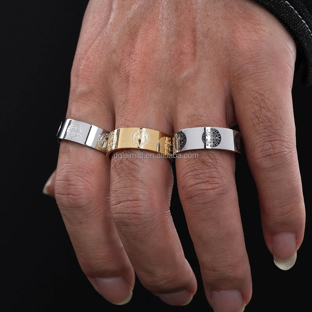 Christian Catholic Jewelry Mens 8mm Stainless Steel Relief Catholic St Saint Benedict Exorcism Cross Rings Size 5-15