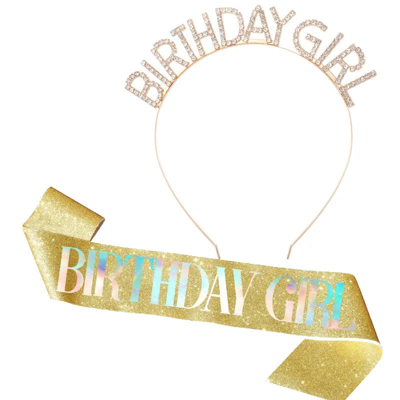 Diamond Birthday Girl Headbands Party Birthday Glitter Sash 2piece Party Hair Jewelry