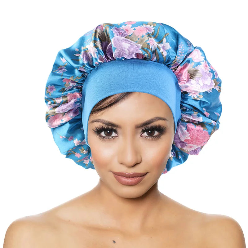 Women Sleep Night Cap Wide Band Floral Print Satin Bonnet Hat Beauty Hair Care Cap Chemo Beanie Curly Springy Hair Accessories