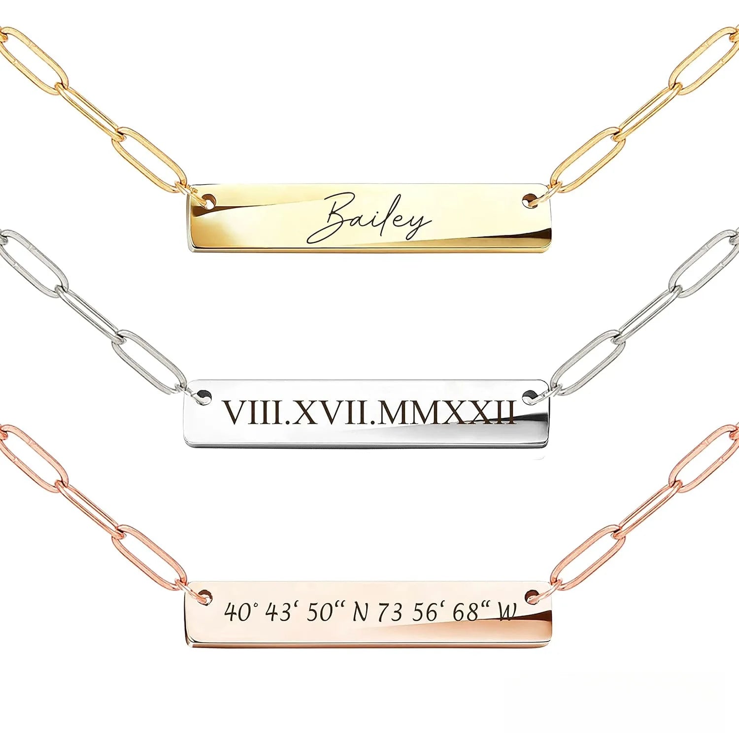 Brand New Gold Stainless Steel Horizontal Bar Necklace Paper Clip Chain Glossy Custom Logo Name Pendant Necklace