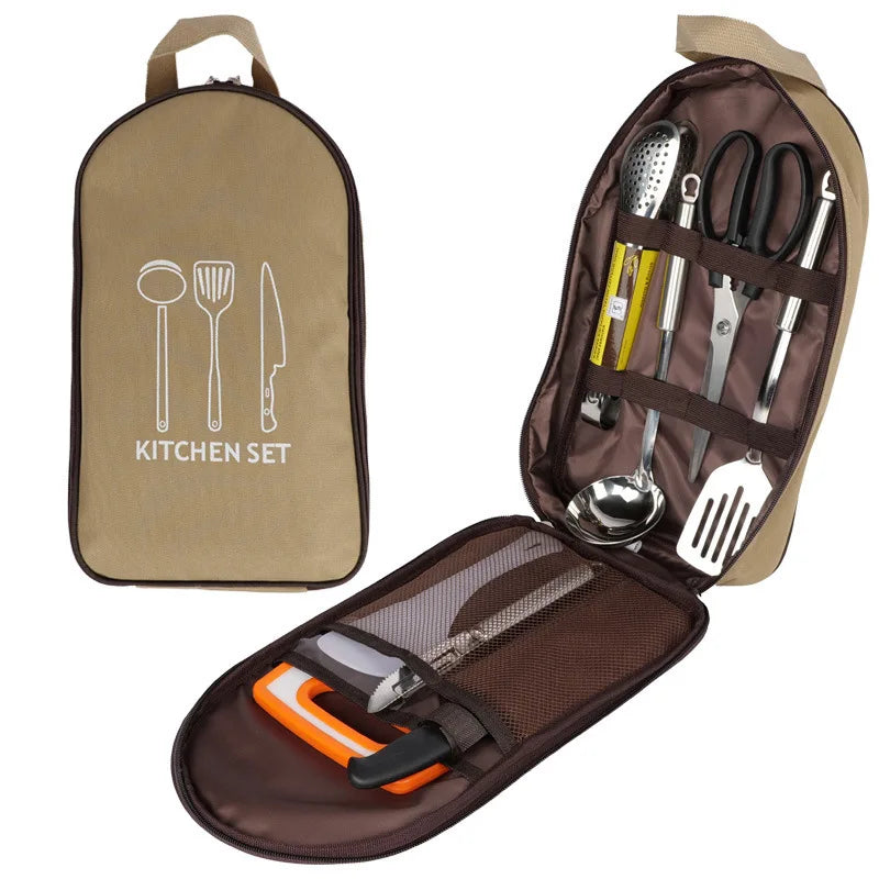 8 Piece Stainless Steel Home Kitchen Utensils Set with Plastic Hand Grip Soup Spoon Scissors Cutting Board Bag