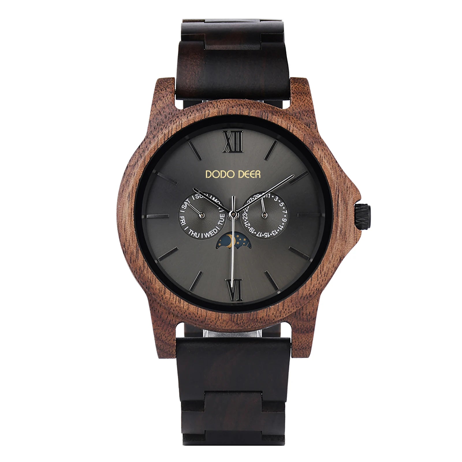 DODO DEER Luxury Moon Phase Date Display Ebony Walnut Wood Wrist Watch for Men