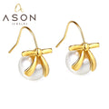 Ason 2023 Korean Style Design Girl Bowknot White Pearl Earhook Earrings Stainless Steel 18k Gold Plated Earrings