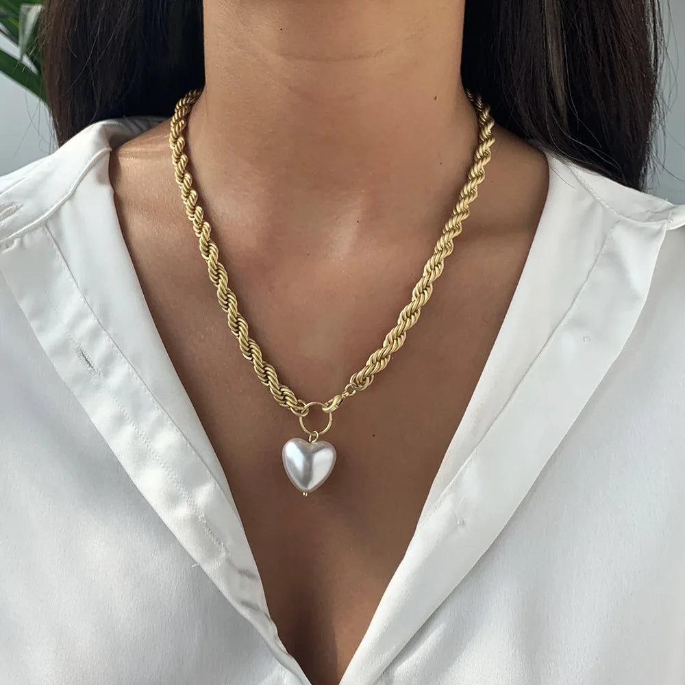 HOVANCI Vintage European American Style Baroque Heart Pearl Pendant Necklace Gold Chunky Twisted Chain Necklace MegaBDM