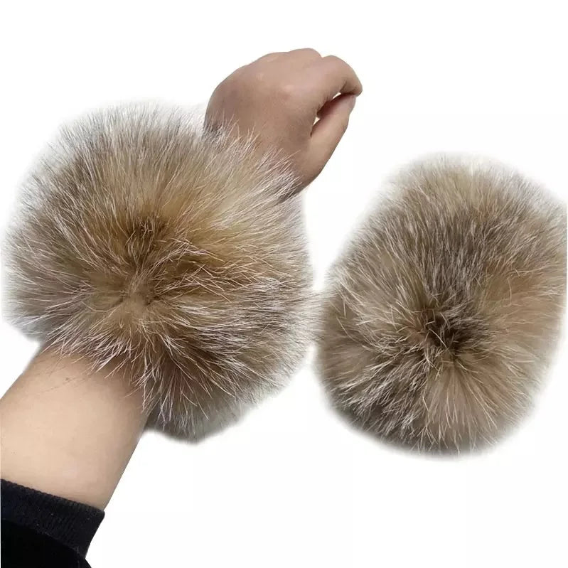 MWFur Fashion Arm Cuffs Knitting Women Elastic Fox Fur Cuffs for Wrist Fox Fur Knitted Wrist Band for Winter Coat