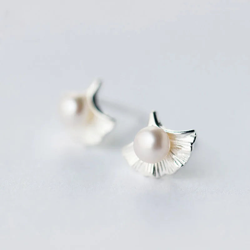 New Fashion 925 Sterling Silver Pearl Ginkgo Leaf Stud Earrings Girls Birthday Gifts Jewelry