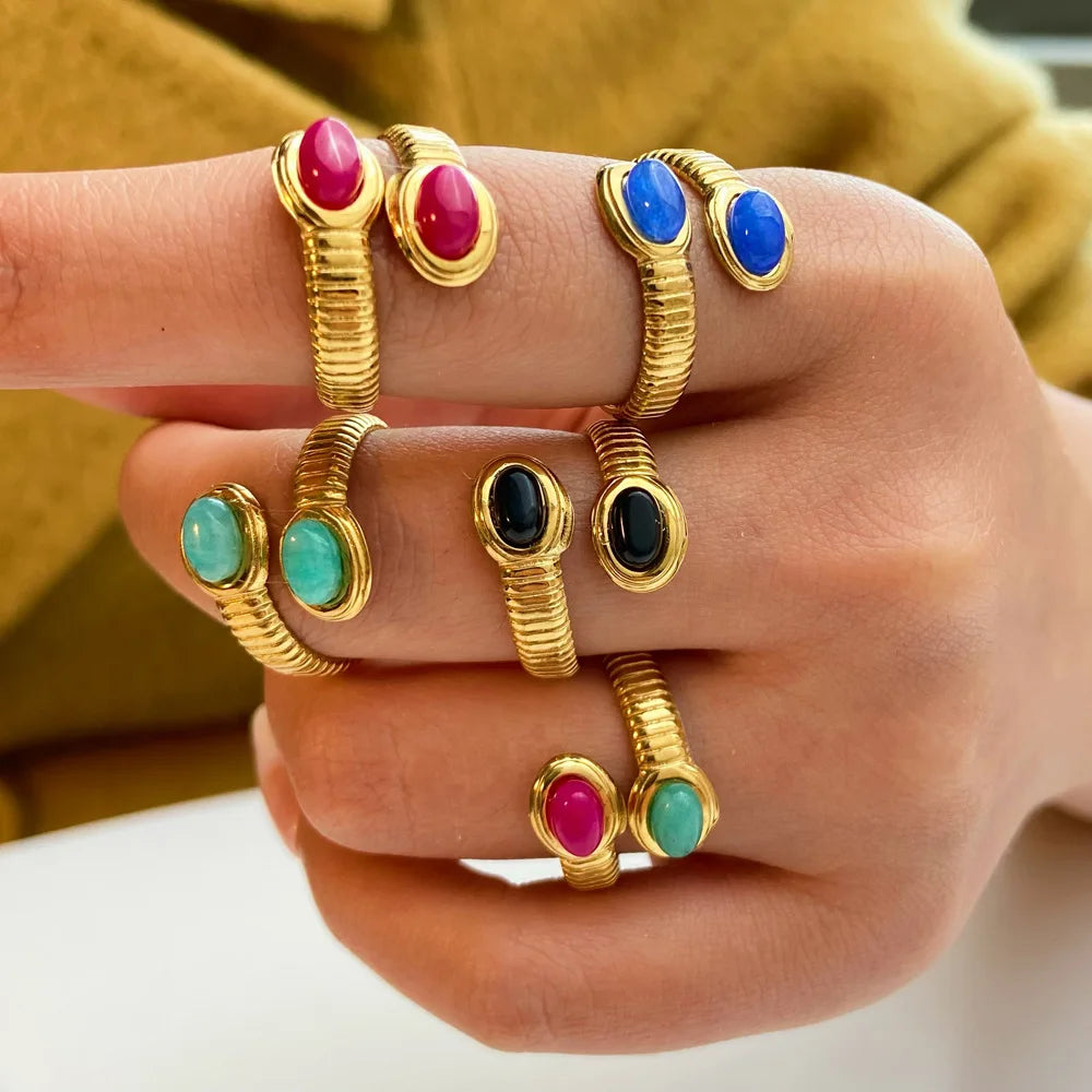 Wholesale 18K Gold Plated Stainless Steel Ring for Women Unique Natural Stone Inlay Titanium Steel Wedding Parties Anniversaries