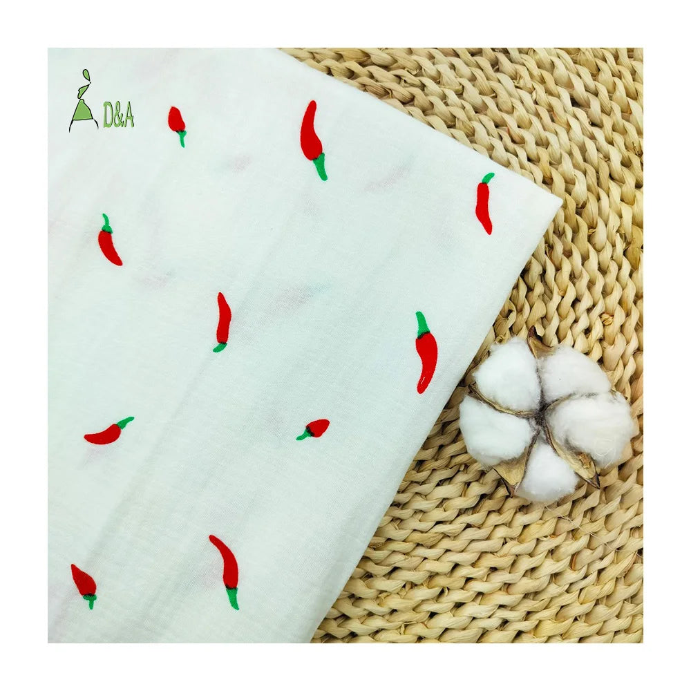 Cartoon Red Peppers Printed Lightweight Double Gauze Crepe 100% Organic Cotton Muslin Fabric for Girls' Clothing