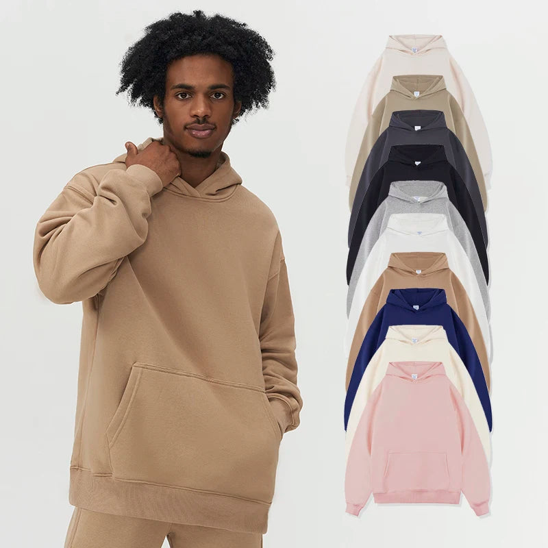 390gsm Fleeced Cotton Plain Hoodie With Custom Logo No Drawstring Winter Hooded Sweatshirts Blank Hoodies