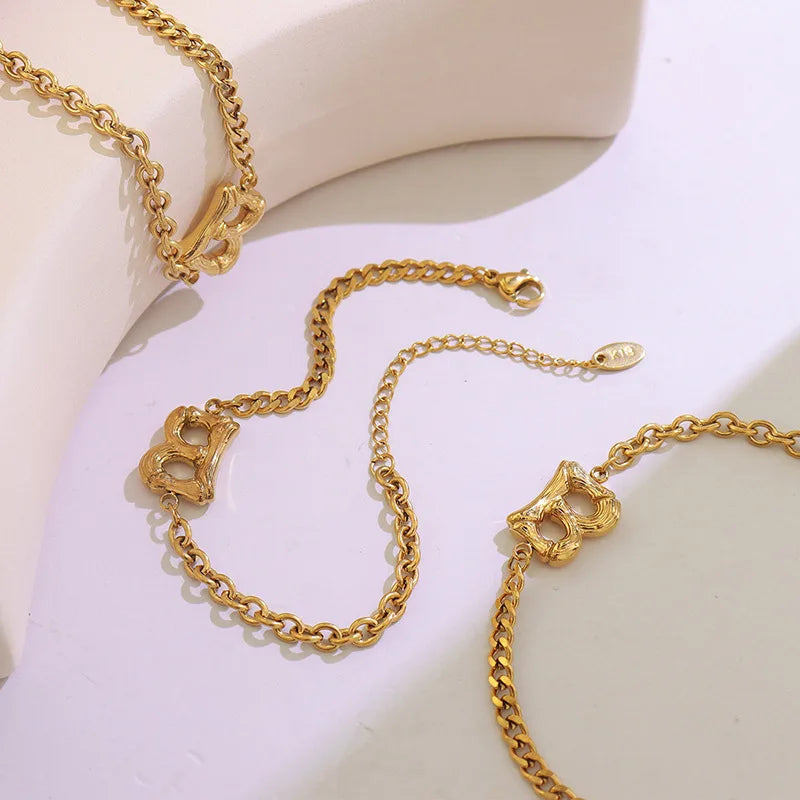 Punk Stainless Steel Jewelry Plated 18k Gold Chain Charm Bracelet Tanish Free Trendy Bamboo Initial Letter Chain Link Bracelet