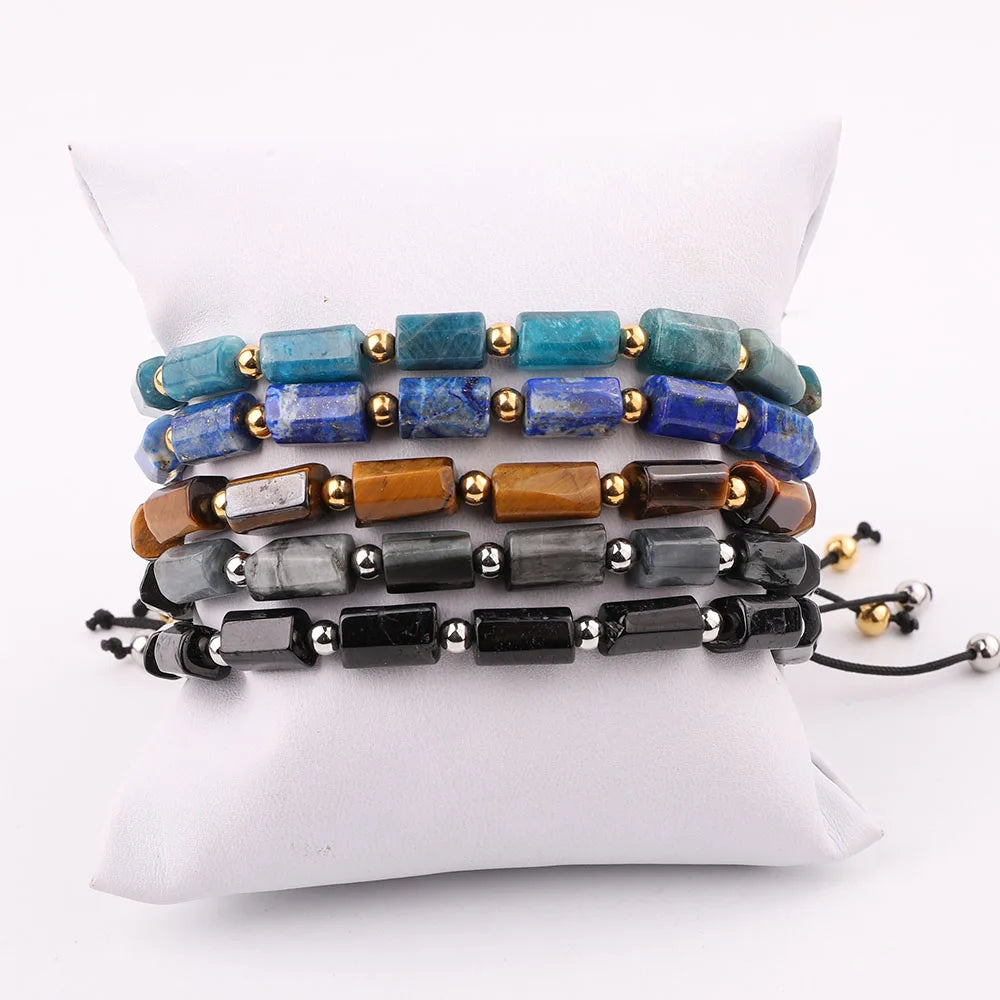 New Design Natural Stone Faceted Cylinder Shape Lapis Tiger Eye Apatite Beads Bracelet Women Jewelry JBS12284