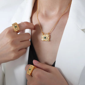 Tarnish Free & Waterproof Vintage Turquoise Zircon Devil's Eye Square Signe Ring Necklace Jewelry Set for Women