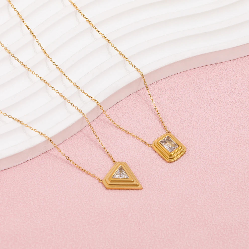 JOOLIM High End Stainless Steel Triangle Rectangle Zirconia Pendant Stair Necklace 18K Gold Plated Jewelry Tarnish Free MegaBDM