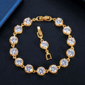 Round Cut White CZ Crystal Jewelry Bangle Women 18k Gold Plated Connected Chain Link Tennis Bracelets with Extended Clasp