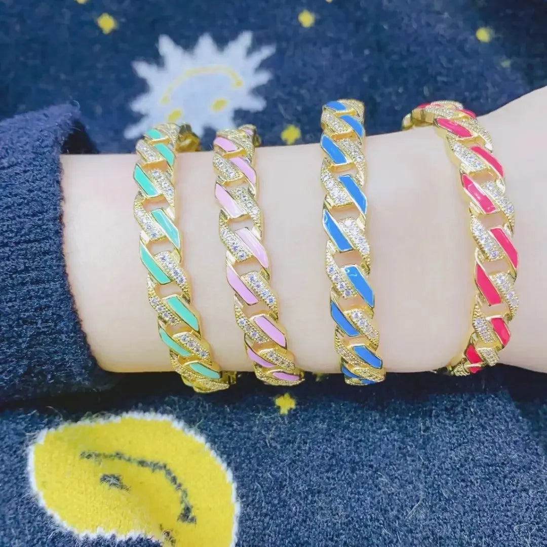 BC2059 Trendy Jewelry 18K Gold Plated CZ Micro Pave Enamel Multi Colored Curb Cuban Link Chain Cuff Bangle for Women Ladies