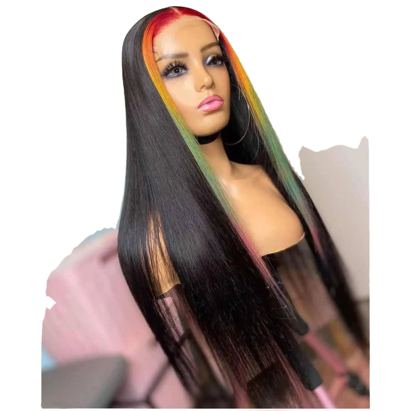 Hot Sell rainbow Color Human Wig Red Yellow Orange Green pink  Ombre Color Lace Front Wig Human Hair Wigs for Black Women