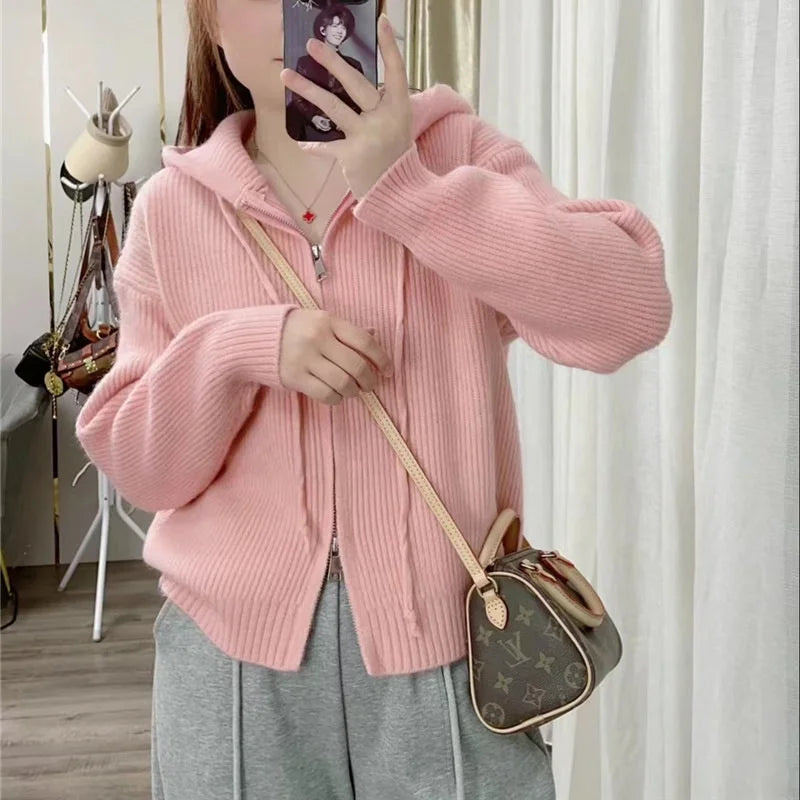 OEM/ODM Custom logo New Souble Zipper Head Loose Cardigan Sweater Knitted Women's Coats Hooded Sweatshirts Cardigan for Women MegaBDM