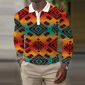 2024 Spring Aztec Geometric Pattern Printed T-shirts for Men Pullover Waffle Long Sleeve for Polo Shirts Breathable Design