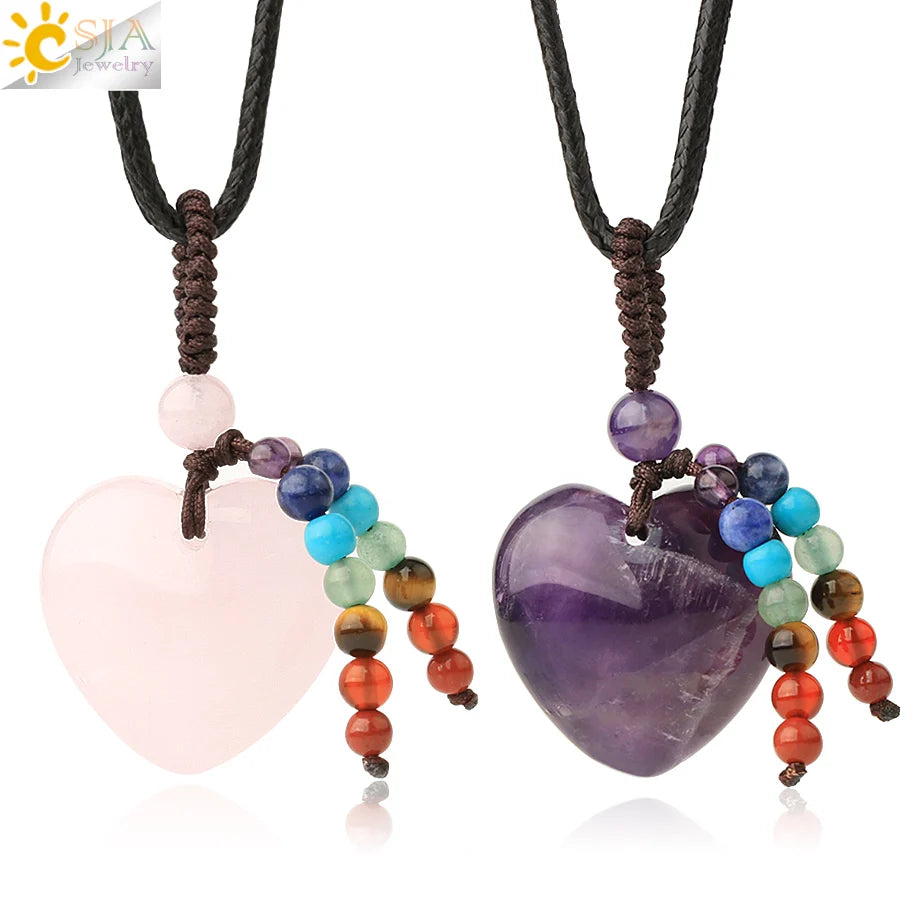 CSJA Wholesale Energy Healing Necklace Natural Stone Rose Quartz Crystal Heart Shape Pendants New Charm for Jewelry Making G536