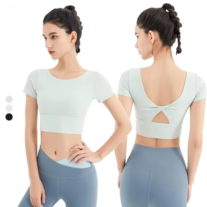 2022 Stylish Ladies Plain Backless Shirt Fitness Open Back Yoga T-Shirts With Chest Pad Workout Best T Shirts for Girls