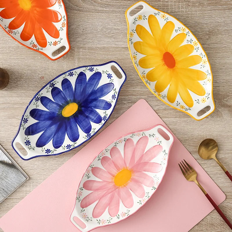 Hand-painted Flower Two-ear Ceramic Plate Underglaze Ceramic Oval Plate