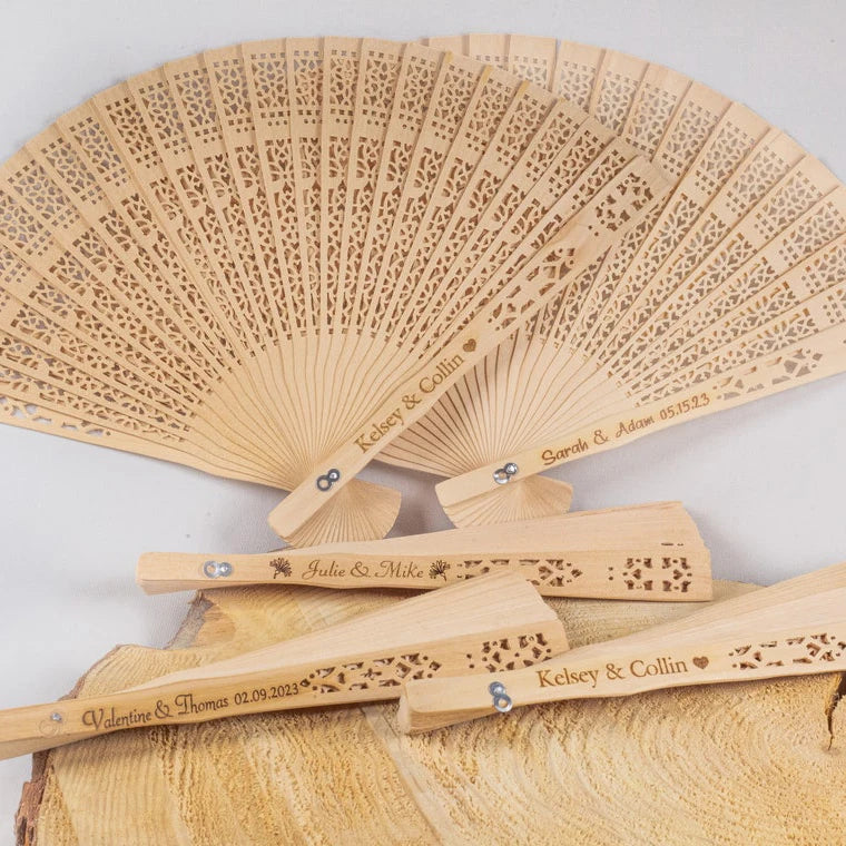 Custom Bamboo Folding Hand Fan with Personalized Carved Text Printing Package