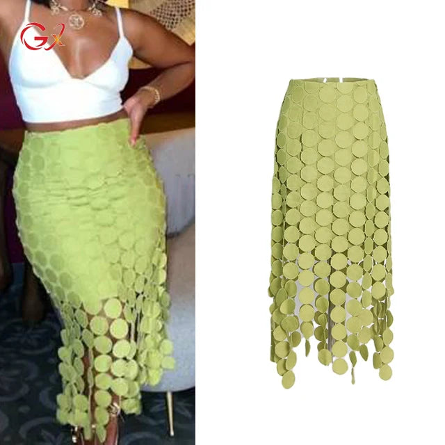 GX5744 Fashion Wholesale Elegant Casual Lady Midi Skirt Irregular Full Tassel Streetwear Long Hollow Out Women Casual Skirts