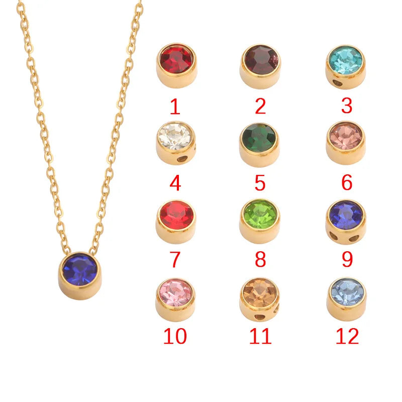 DAIHE 18K PVD Gold Plated Round Birthstone Necklace Stainless Steel Crystal 12 Month Pendant Necklace for Women