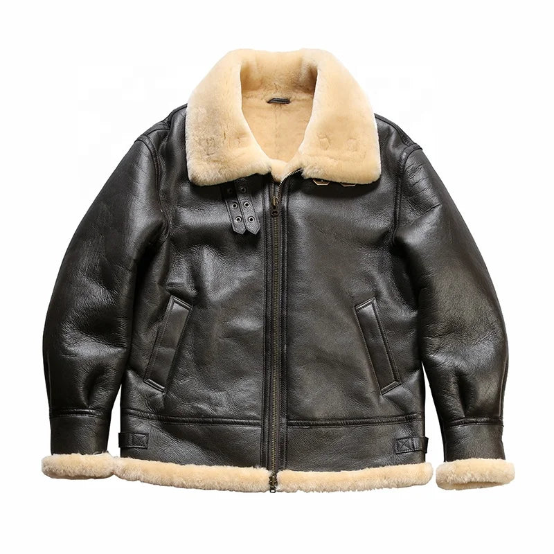 Winter Bomber Thickening Plus Size Natural Shearling Fur Sheep Skin Jacket Pilot Classic Man Genuine Leather Clothing