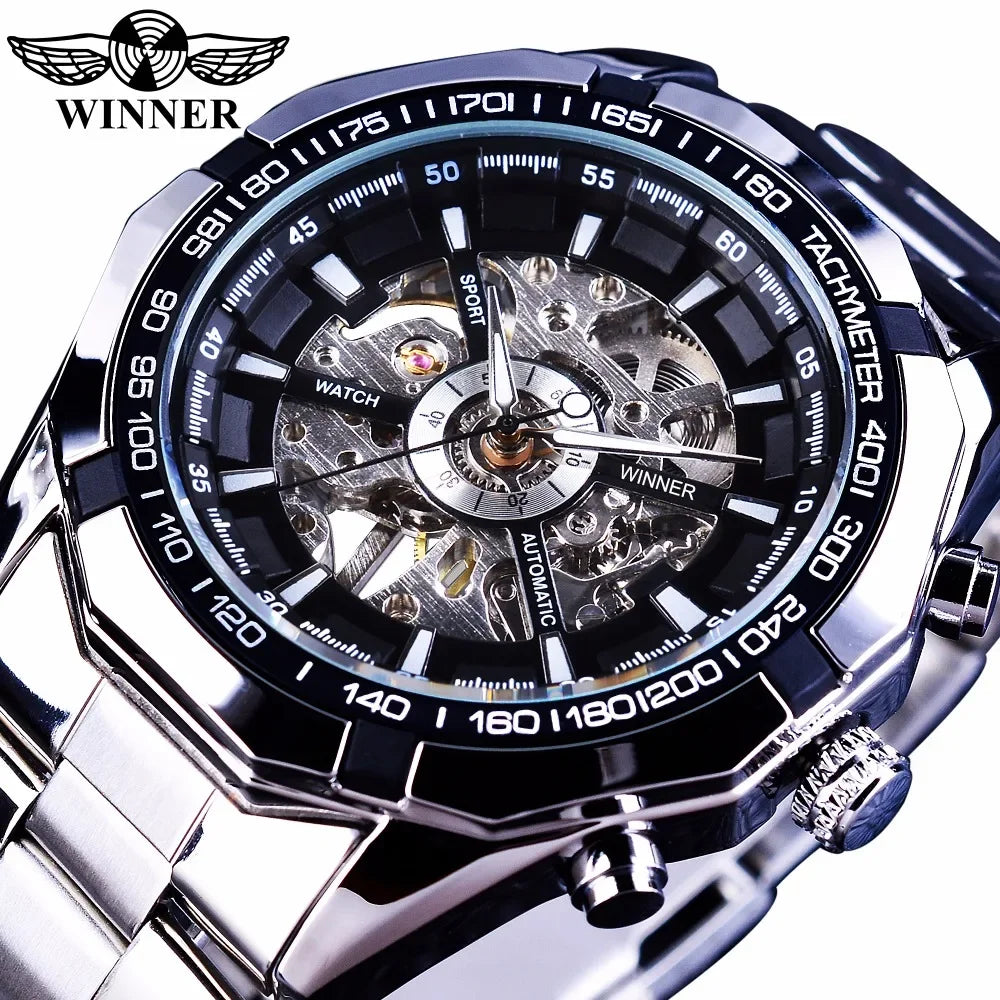Winner Sport Stainless Steel Designer Men Watch Top Brand Luxury Automatic Casual Mechanical Clock Wristwatch