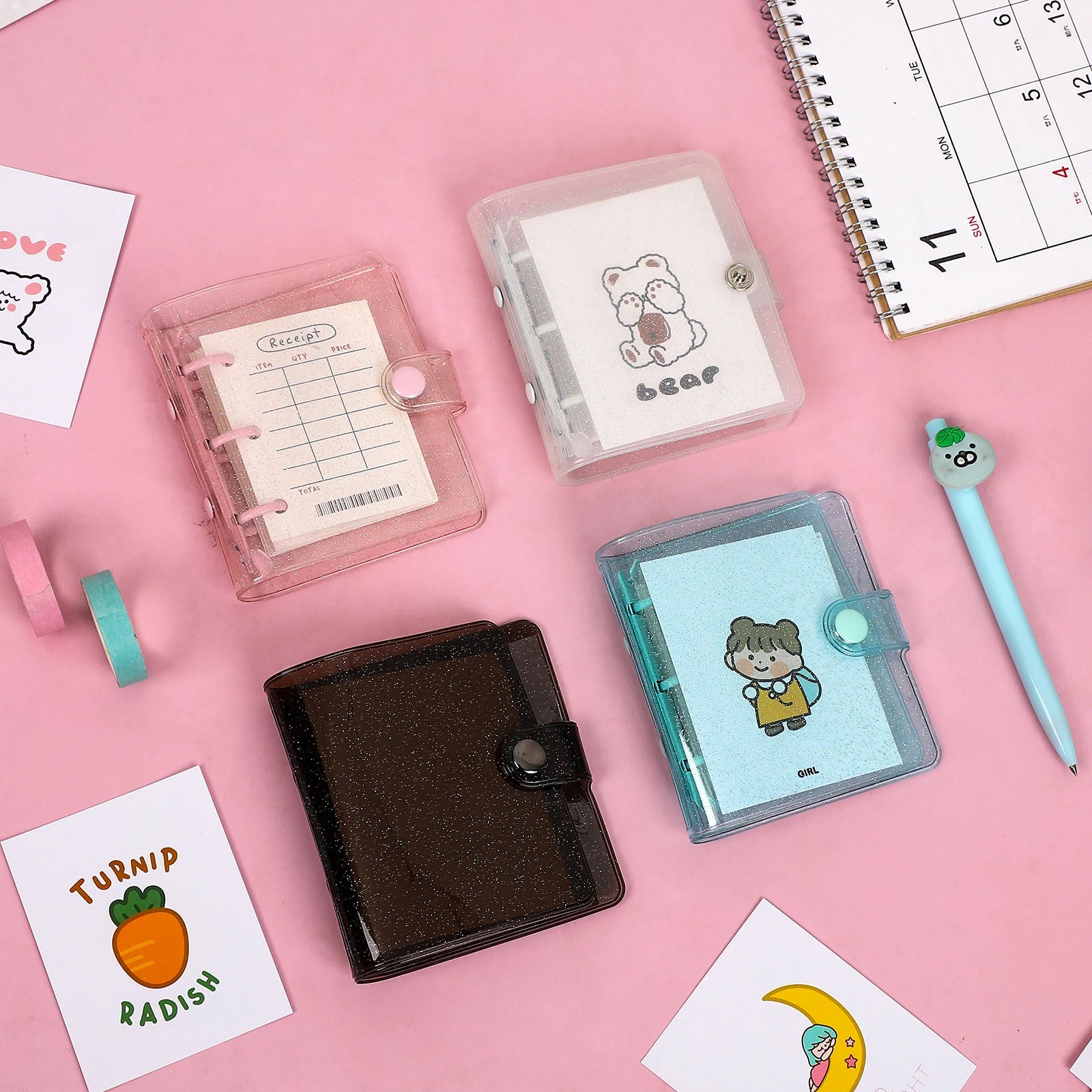 LABON Creative Cute 3 Rings Mini Loose-leaf Binder Student Portable Pocket Notebook Journal Postcard Storage School