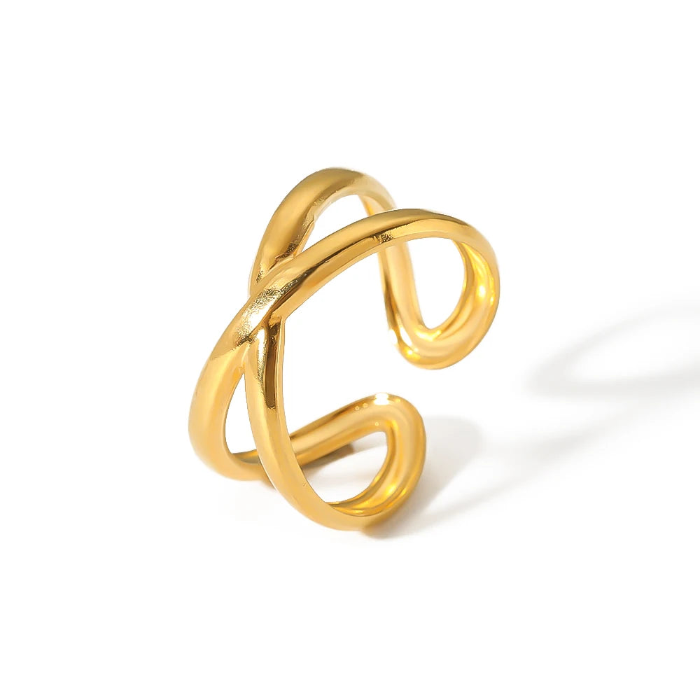 Minimalist Stainless Steel 18K Gold Plated Cross Double Layered Open Rings for Women