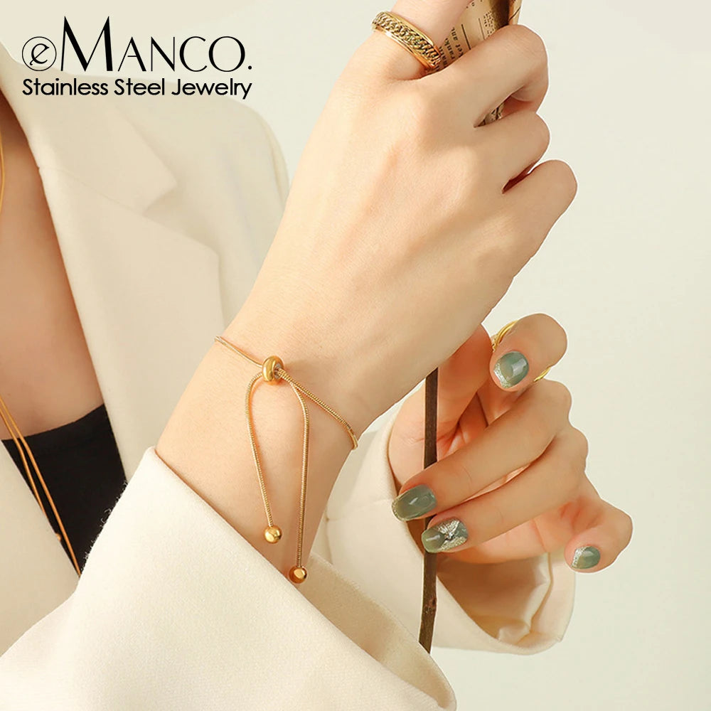 EManco Snake Chain Stainless Steel Bracelet Adjustable Pull-Out Bracelet Round Button Birthday Gift