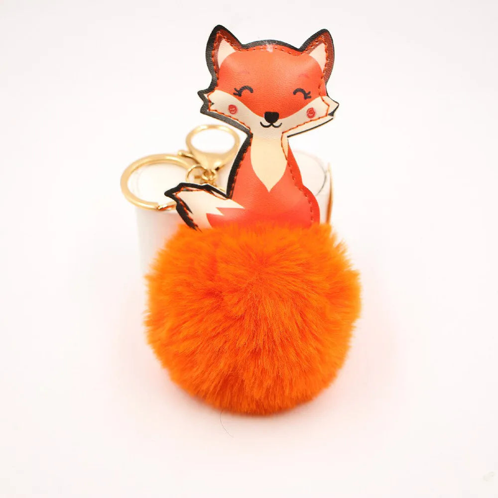 Fur Ball Keychain Charm Key Ring Cute Leather Fox Keyring Plush Fluffy Pompom Faux Rabbit Fur Ball Bag Car Key Charms Accessory