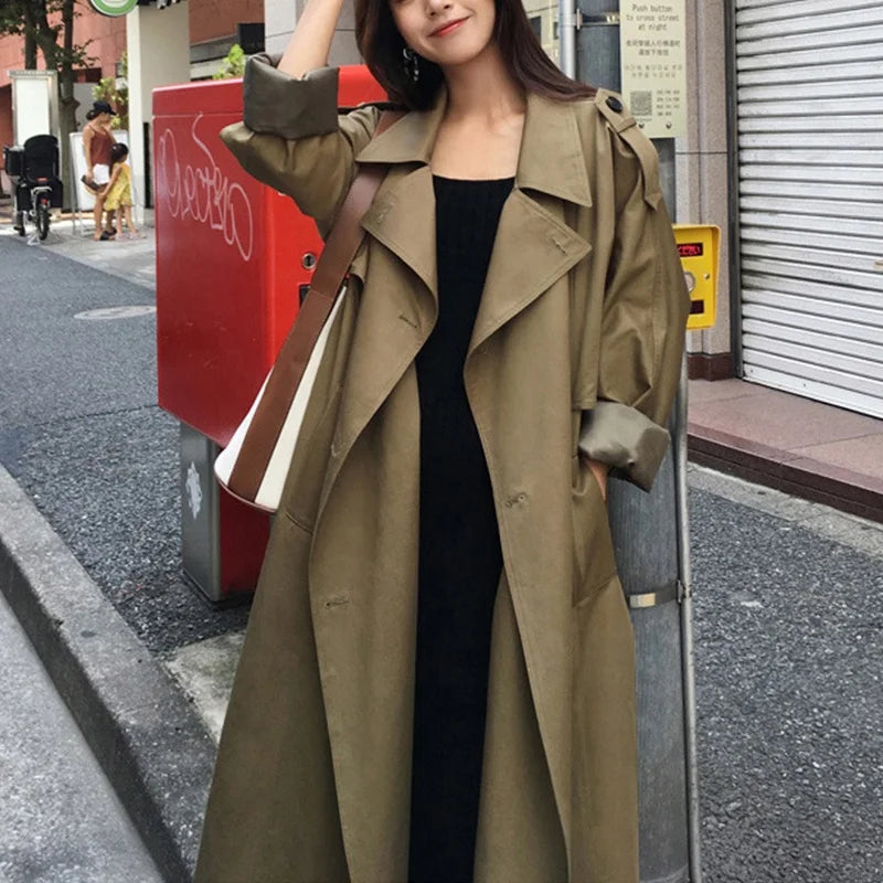 Fashion Windbreaker Women Windproof Blend Jackets Double Breasted Jackets Classic Long Trench Coat Green Trench Coat