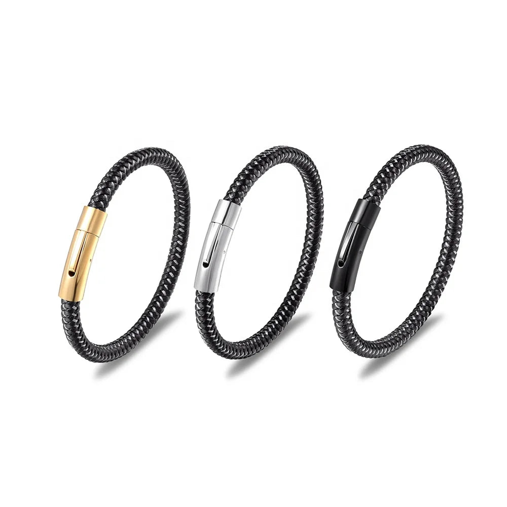 Men's Stainless Steel Bar Magnetic Clasp Leather Bracelet Charm Braided Strength Bangle Silver Rose Gold Pearl Main