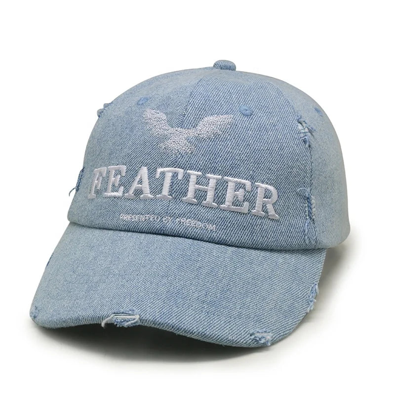 Light Blue Denim Jean Casual Sporty Formal 6 Panel Snapback Baseball Cap with Custom Embroidery Logo