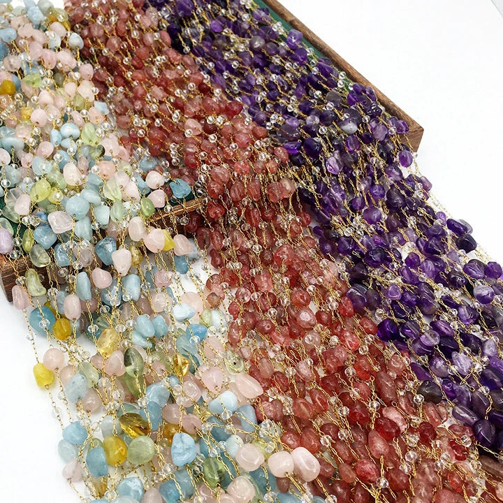 Brass Handmade Loose Chain With Natural Crystal Crushed Stone Gem Stone Faceted Wire Wrapped Beaded Chain for DIY Jewelry Making