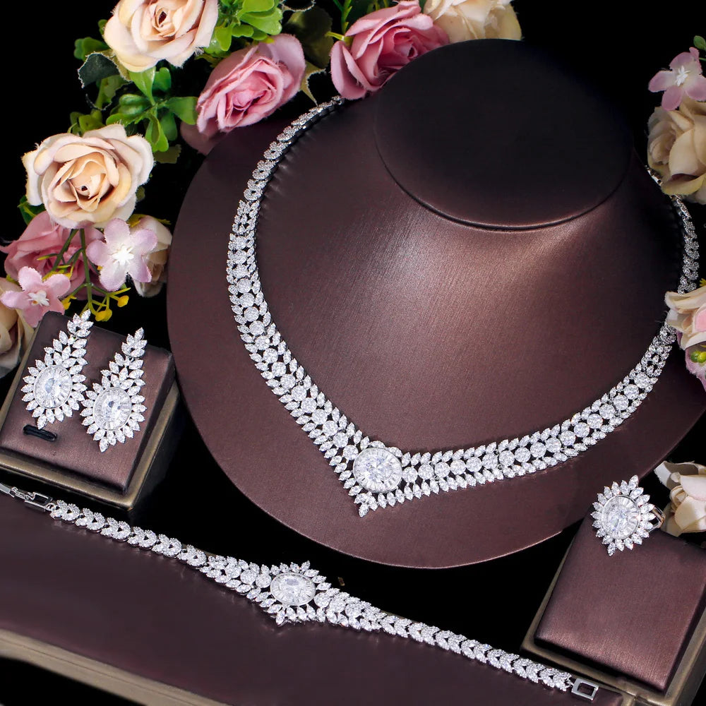 Sparkling African White Cubic Zirconia Women Arabic Engagement Wedding Evening 4pcs Full Elegant Costume Jewelry Set for Brides