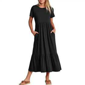 Summer Women Short Sleeve Solid Color Dress Women Beach Dress