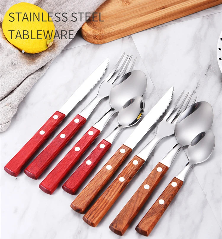 New 2021 Product Reusable Cutlery Set Stainless Steel Metal Fork Wood Handle Spoons Forks and Knives for Events Wooden Flatware