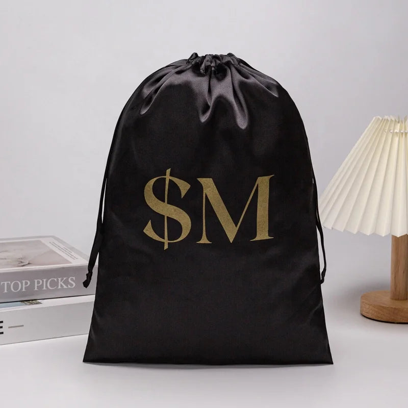Eco-Friendly Custom Logo Black Satin Pouch for Toys Soft Drawstring Pouch for Hair Dust Pouch Packaging for Underwear