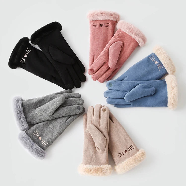 Cute Lovely Winter Warm Touchscreen Texting Faux Fur Gloves for Women With Cat Animal Face Embroidery