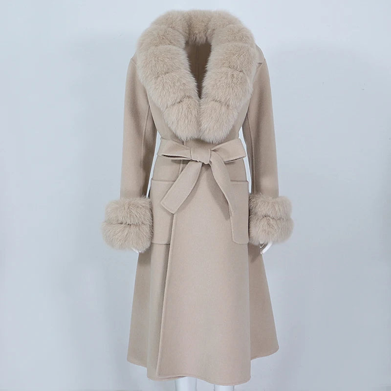 OFTBUY 2024 Winter Jacket for Women X-Long Cashmere Wool Blends Natural Fox Fur Collar Cuffs Streetwear Outerwear Real Fur Coat