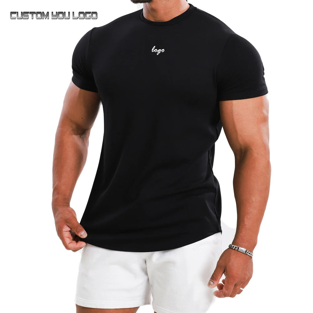 Men's T-Shirts Custom LOGO Mens Fitness Shirts Plus Size O Neck Drop Shoulder GYM Wear Workout Customized Man T Shirt