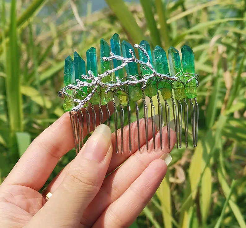 Diy Competitive Price Witch Tree Fork HZ Natural Blue Green Crystal Rainbow Hair Band Bridal Silver Thread Comb